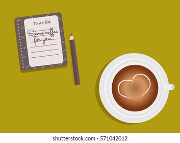 The sheet of the planner in a cute woman`s shoes. To Do List. Cup with coffee on saucer. A pencil. Vector illustration.