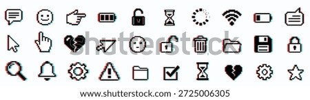 The sheet presents pixel art ui icons intended for app interfaces, websites, and game uis with retro vibrant mood