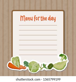 Sheet for recording menu, diet, ingredients with a frame of cabbage and vegetables. Dietary healthy food.