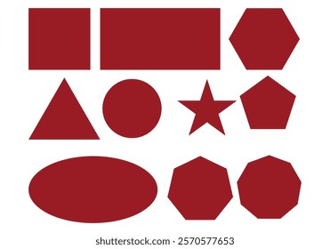 Sheet of red geometric shapes icons like rectangles, squares, hexagons, pentagons, ovals