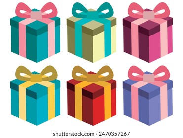 Sheet of red, purple, blue and pink gifts icons.