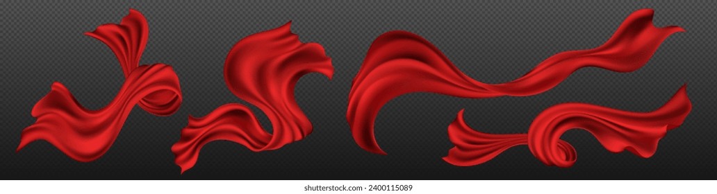 Sheet of red silk ribbon flying and curving in air. Realistic vector illustration set of satin fabric curtain wave on wind. Breeze blowing and flowing pieces of textile cloth drapery tape with folds.