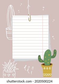 Sheet of ruled paper hangs on a thread. Note paper, cactus in a yellow pot, white contours of cacti in the background. Vector illustration, flat style.