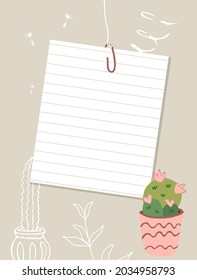 Sheet of ruled paper hangs on a thread. Note paper, cactus in a pink pot, white contours of plants in the background. Vector illustration, flat style.