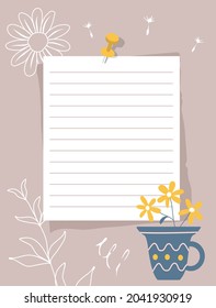 A sheet of ruled paper pinned to the wall. Note paper, yellow flower in blue mug, white contours of plants in the background. Vector illustration, flat style.