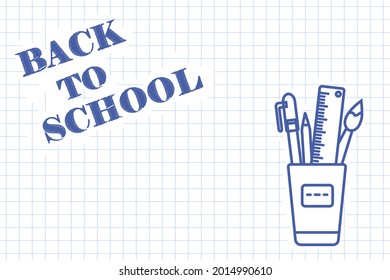 Hoja de cuaderno escolar en jaula con inscripción Volver a la escuela y papel pintado. Educación. Copiar espacio. Banner web horizontal. Plantilla para folleto, publicidad. Ilustración del vector