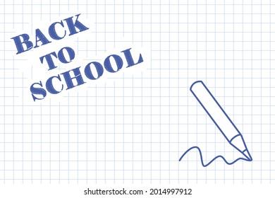 Sheet of school notebook in cage with inscription Back to school. Pencil draws line. Education. Copy space. Horizontal web banner. Template for leaflet, advertising. Vector illustration