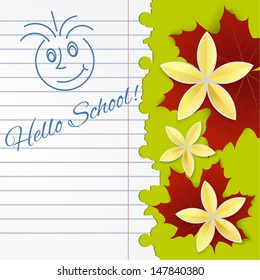 Sheet of school notebook with flowers and  leaves of maple