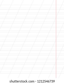 A sheet of school notebook in a ruler with a slanting line. School background. College ruled notebook paper sheet lined for cursive writing. Education background. Vector illustration.
