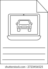 Sheet showing a laptop with a car image plus writing lines and a corner crease