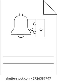 Ein Blatt zeigt ein Glockensymbol ein Rätsel aus vier Teilen, einer verzahnten Ecke und drei Linien