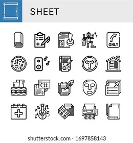 conjunto de iconos sencillos de hoja. Contiene iconos como Despliegue de papel, Rollo, Informe médico, Contrato, Música, Giro, Bloc de notas, Cuadro de temas, Script, Notas, que se pueden utilizar para web, móvil y logotipo