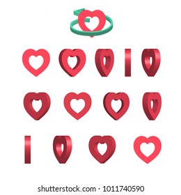 Sheet of sprites. Rotation of cartoon 3d heart. Isolated on white background. Vector illustration.