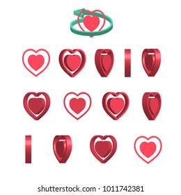 Sheet of sprites. Rotation of cartoon 3d heart. Isolated on white background. Vector illustration.