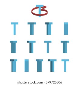 Sheet of sprites. Rotation of cartoon 3d letter T. Isolated on white background. Vector illustration.