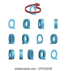 Sheet of sprites. Rotation of cartoon 3d letter Q. Isolated on white background. Vector illustration.