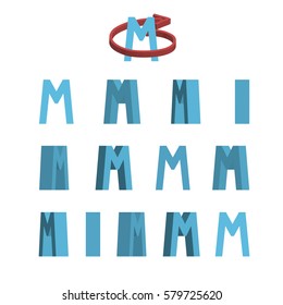 Sheet of sprites. Rotation of cartoon 3d letter M. Isolated on white background. Vector illustration.