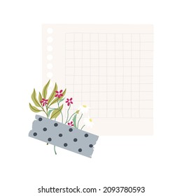 Sheet of square paper with piece of washi tape and flowers. Pretty romantic background. Vector isolated on white background.