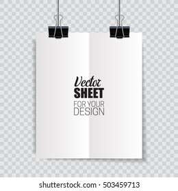 Sheet suspended by clothespins on a transparent background. Vector template for your design.