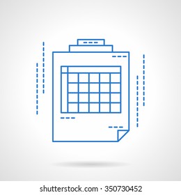 Sheet with table, checklist. Calculation table, web spreadsheet. Blue flat line style vector icon. Single web design element for mobile app or website.