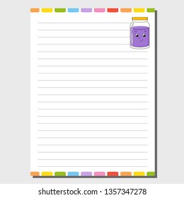 Sheet template for notebook, notepad, diary. Funny character. Isolated vector illustration. Cartoon style