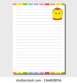 Sheet template for notebook, notepad, diary. Funny character. Isolated vector illustration. Cartoon style