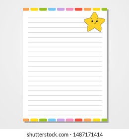 Sheet template for notebook, notepad, diary. Funny character. Isolated vector illustration. Cartoon style.