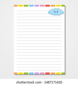 Sheet template for notebook, notepad, diary. Funny character. Isolated vector illustration. Cartoon style.