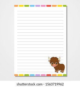 Sheet template for notebook, notepad, diary. With the image of a cute character. Isolated vector illustration. Cartoon style.