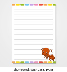Sheet template for notebook, notepad, diary. With the image of a cute character. Isolated vector illustration. Cartoon style.