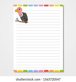 Sheet template for notebook, notepad, diary. With the image of a cute character. Isolated vector illustration. Cartoon style.
