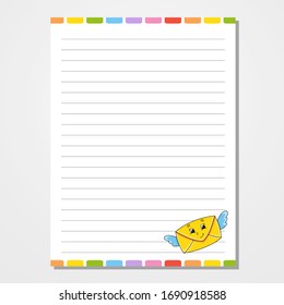 Sheet template for notebook, notepad, diary. Lined paper. Cute character envelope. With a color image. Isolated vector illustration. Cartoon style.
