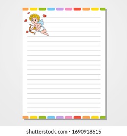 Sheet template for notebook, notepad, diary. Lined paper. Cute character cupid. With a color image. Isolated vector illustration. Cartoon style.