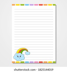 Sheet template for notebook, notepad, diary. Lined paper. Cute character. With a color image. Isolated vector illustration. Cartoon style.