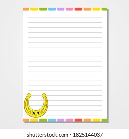 Sheet template for notebook, notepad, diary. Lined paper. Cute character. With a color image. Isolated vector illustration. Cartoon style.