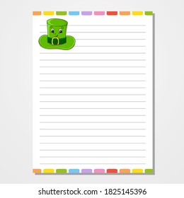 Sheet template for notebook, notepad, diary. Lined paper. Cute character. With a color image. Isolated vector illustration. Cartoon style.