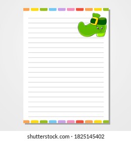 Sheet template for notebook, notepad, diary. Lined paper. Cute character. With a color image. Isolated vector illustration. Cartoon style.