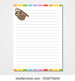 Sheet template for notebook, notepad, diary. Lined paper. Cute character. With a color image. Isolated vector illustration. Cartoon style. Animal theme.
