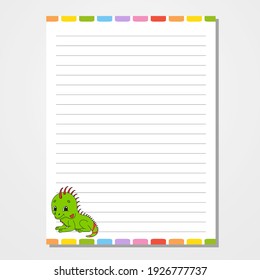 Sheet template for notebook, notepad, diary. Lined paper. Cute character. With a color image. Isolated vector illustration. Cartoon style. Animal theme.