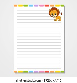 Sheet template for notebook, notepad, diary. Lined paper. Cute character. With a color image. Isolated vector illustration. Cartoon style. Animal theme.