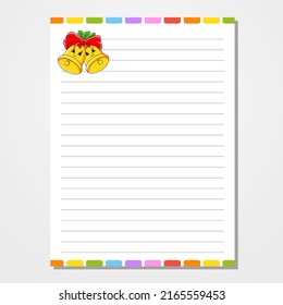 Sheet template for notebook, notepad, diary. Lined paper. Cute character. With a color image. Isolated vector illustration. cartoon style.