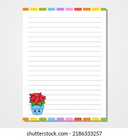 Sheet template for notebook, notepad, diary. Lined paper. Cute character. With a color image. Isolated vector illustration. cartoon style.