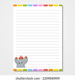 Sheet template for notebook, notepad, diary. Lined paper. Cute character. With a color image. cartoon style. Vector illustration.