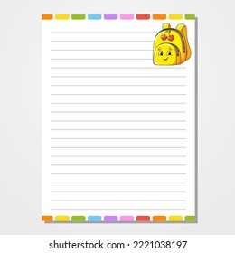 Sheet template for notebook, notepad, diary. Lined paper. Cute character. With a color image. Isolated vector illustration. cartoon style.