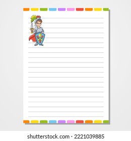 Sheet template for notebook, notepad, diary. Lined paper. Cute character. With a color image. cartoon style. Vector illustration.