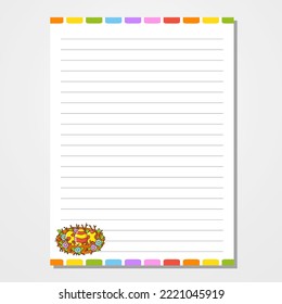 Sheet template for notebook, notepad, diary. Lined paper. Cute character. Easter theme. Isolated vector illustration. cartoon style.