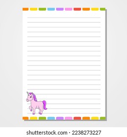 Sheet template for notebook, notepad, diary. Lined paper. Cute character. With a color image. cartoon style. Vector illustration.