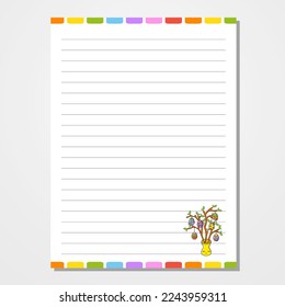 Sheet template for notebook, notepad, diary. Lined paper. Cute character. Easter theme. Isolated vector illustration. cartoon style.