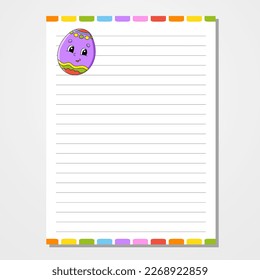Sheet template for notebook, notepad, diary. Lined paper. Cute character. Easter theme. Isolated vector illustration. cartoon style.