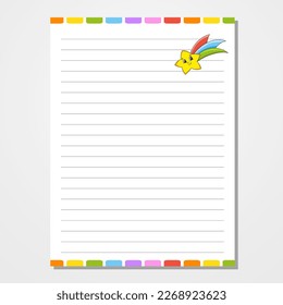 Sheet template for notebook, notepad, diary. Lined paper. Cute character. With a color image. cartoon style. Vector illustration.